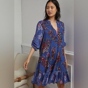 Anthropologie Diana Pintucked Short Dress XS 2 Women's Casual Boho Blue Floral